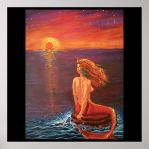 Poster Observant le coucher du soleil - copie de sirène