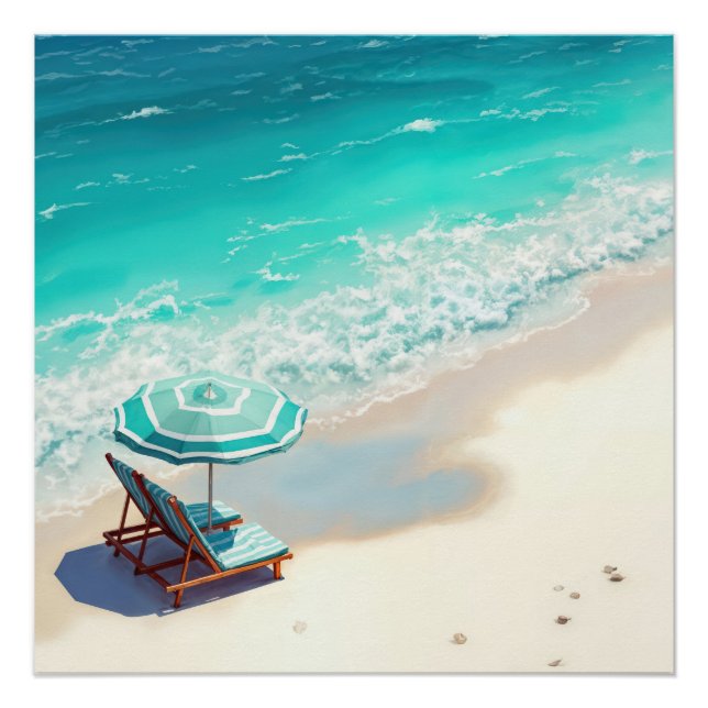 Poster Ocean Beach Avec Chaise Lounge et Parapluie (Devant)