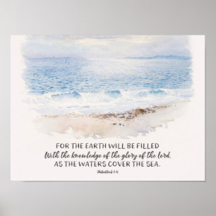 Poster Ocean Beach Bible Verse, Habakkuk 2:14 Watercolor