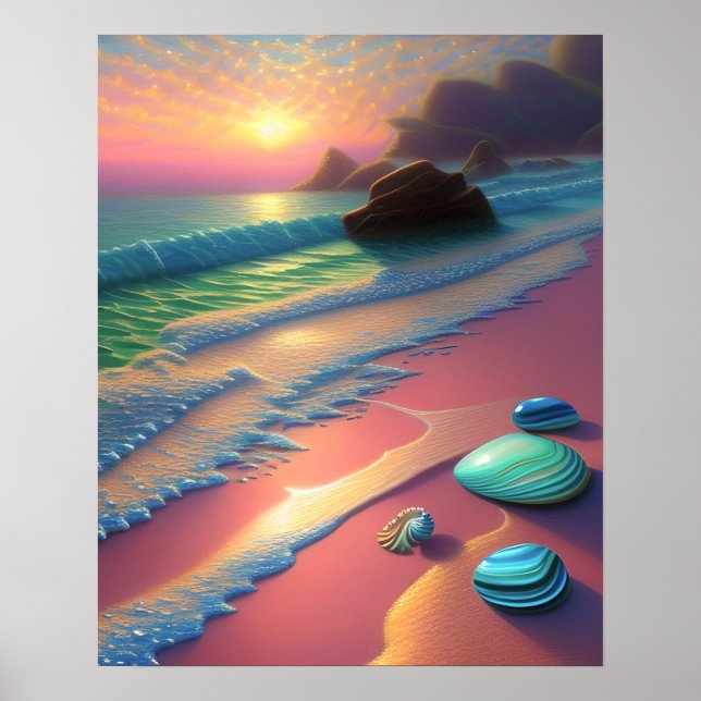 Poster Ocean Beach Scène Coquillages imaginaire Art (Devant)