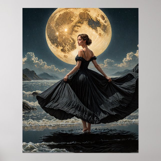 Poster Ocean Dance Under the Moon Woman in Black Dress (Devant)