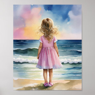Poster Ocean Eyes Beach Girl Aquarelle
