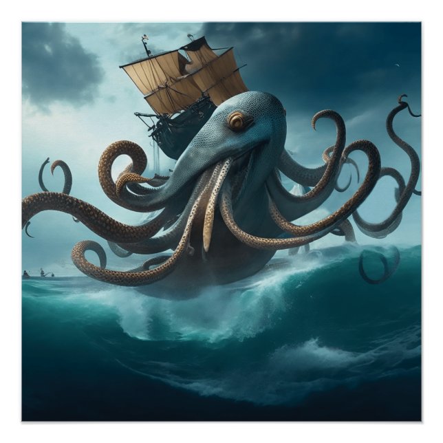 Poster Océan Kraken attaque de calmar géant voilier (Devant)