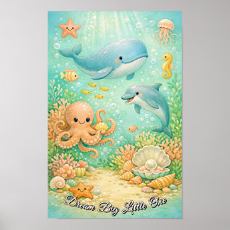 Poster Océan Pastel Baleine Pieuvre Hippocampe Genre Neut