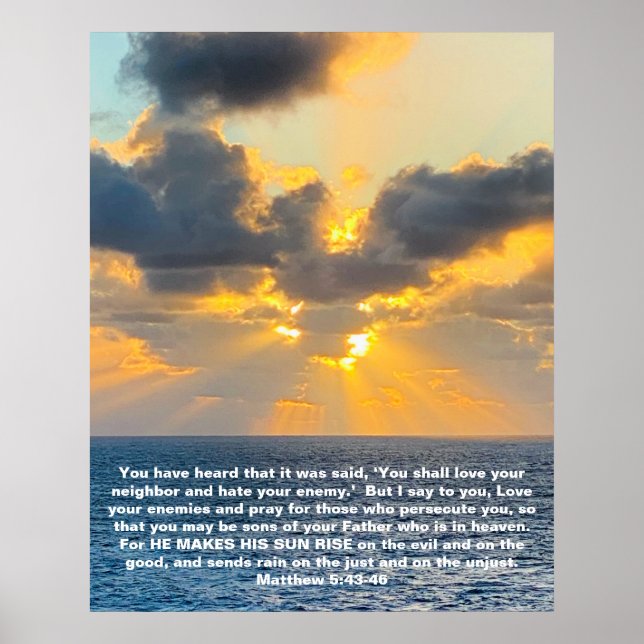 Poster Ocean Sunrise, avec Écriture Verse Matthieu 5:43 (Devant)