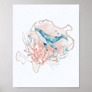 Poster Océan thème rose et bleu Aquarelle Baleine Mer
