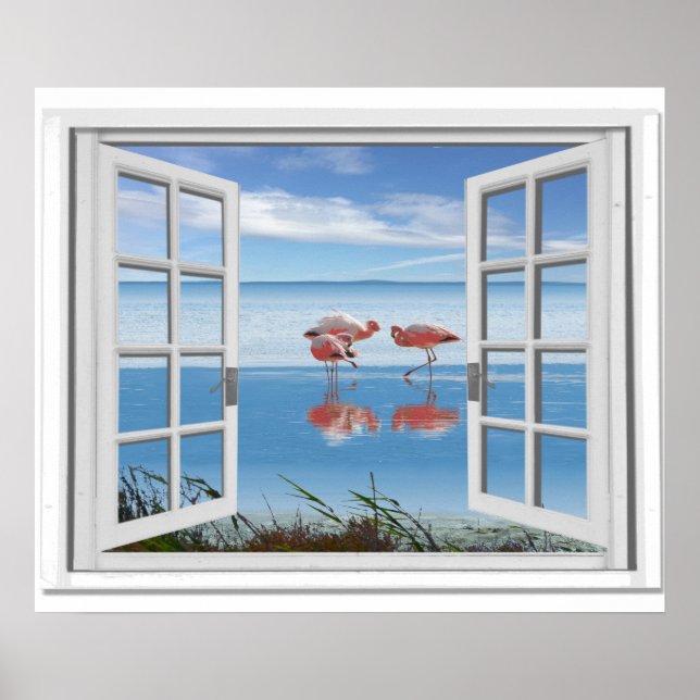 Poster Ocean View Fake Window Avec Flamants roses Sur Pla (Devant)