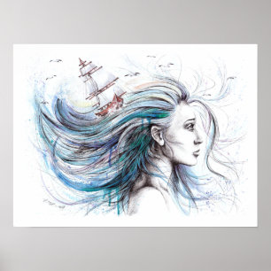 Poster Océane fille Nautique Surreal Peinture art