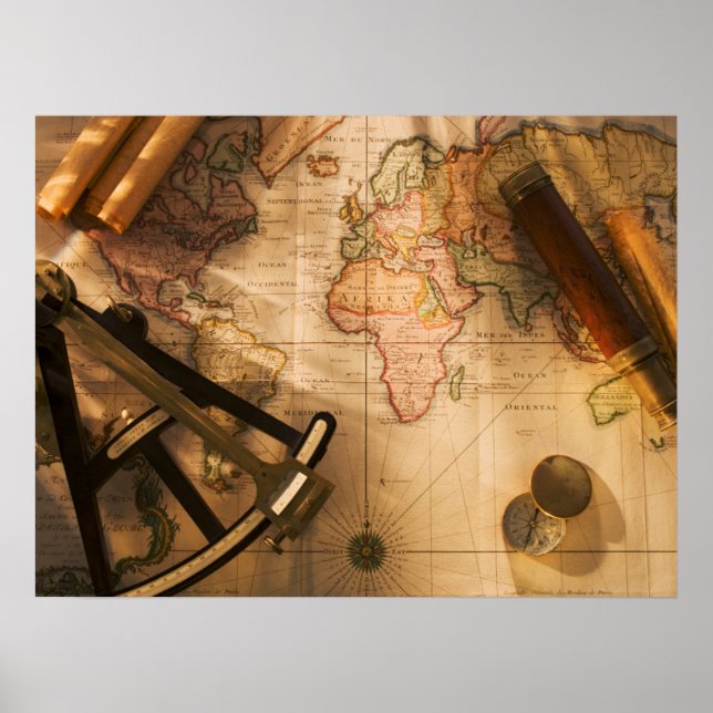 Poster Octant, Boussole Et Télescope Sur Carte Nautique (Devant)