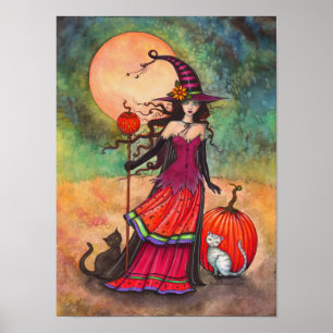 Poster October Moon Witch Cat Halloween Illustration