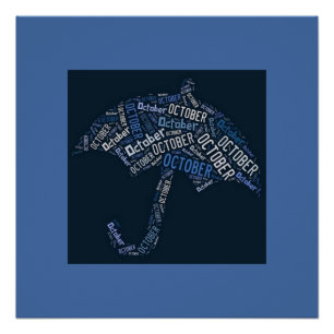 Poster Octobre Pluie Parapluie Typographie Bleu
