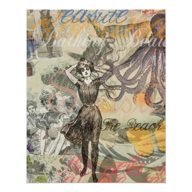 Poster Octopus Beach Antique Côte Steampunk (Devant)