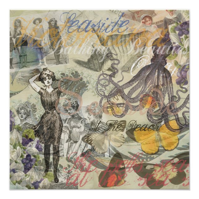 Poster Octopus Beach Antique Côte Steampunk (Devant)