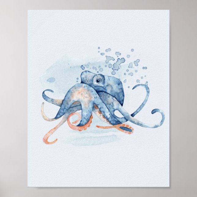 Poster Octopus Bleu Aquarelle Océan Mer Thématique (Devant)