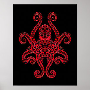 Poster Octopus rouge complexe sur noir
