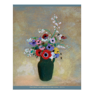 Poster Odlion Redon Grand vase vert avec fleurs mixtes