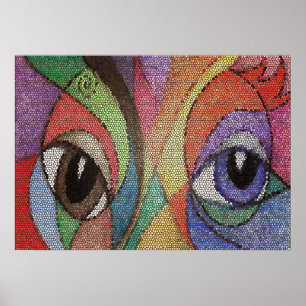 Poster oeil bleu et brun vitrail fractal