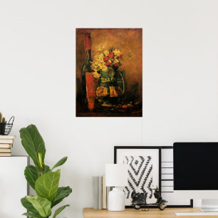 Poster Oeillets, Roses et une bouteille de Vincent van Go