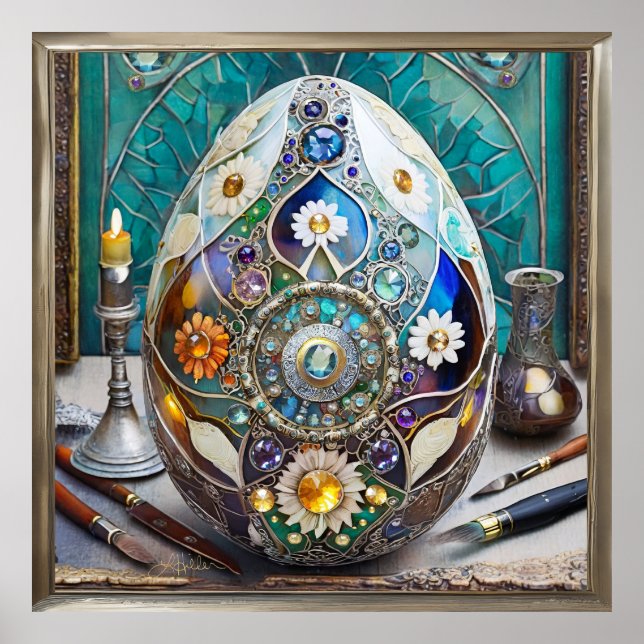 Poster Oeuf bleu orné de Pâques en vapeur (Devant)