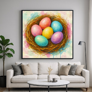 Poster OEufs de nid colorés - Aquarelle Peinture Style Ar