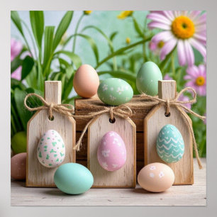 Poster OEufs de Pâques colorés sur panneau de bois