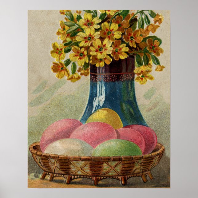 Poster Oeufs Pâques Panier Fleurs Antique (Devant)