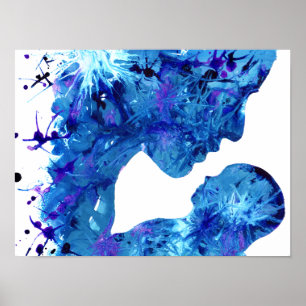 Poster Œuvre d'art abstrait aquarelle Bleu Mère et Enfant