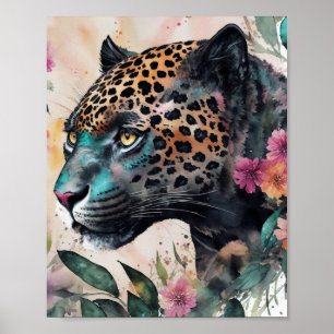 Poster Œuvre d'art aquarelle florale Jaguar