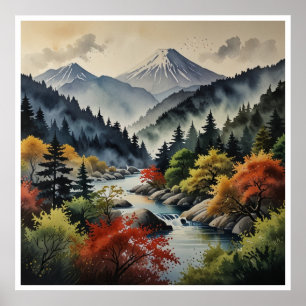 Poster Œuvre d'art aquarelle Montagnes Japonaises
