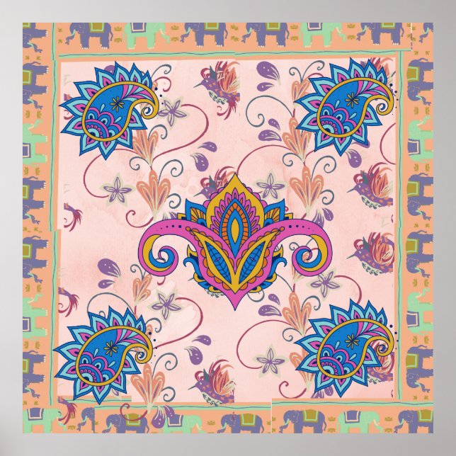 Poster Œuvre d'art boho paisley et motif éléphant_mandala (Devant)