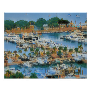 Poster Œuvre d'art colorée de marina côtière Bateaux de p