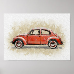Poster Œuvre d'art de voiture rétro - Couleur rouge