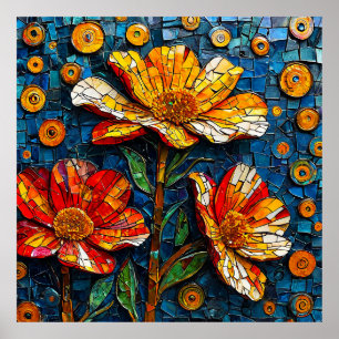 Poster Œuvre d'art en mosaïque colorée de fleurs vibrante
