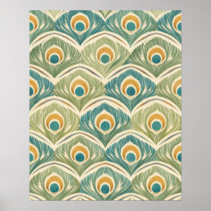 Poster Œuvre d'art en plume de paon doux en sauge et or