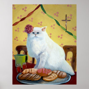 Poster Œuvre d'art murale de chat blanc inspirée du folkl