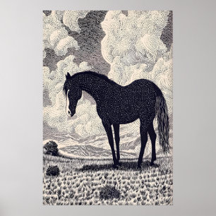 Poster Œuvre d'art murale de cheval noir dessin à l'encre
