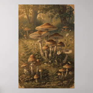 Poster Œuvre d'art murale de forêt de champignons ambre
