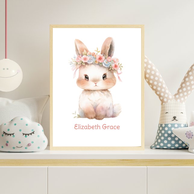 Poster Oeuvre d'art murale de nurserie à monogramme flora (Baby Bunny Pink Flowers on head watercolor Nursery Wall Art, Monogram with babies name or other text)