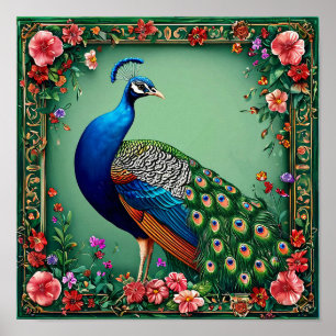 Poster Œuvre d'art murale de paon élégant   Oiseau floral
