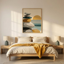 Oeuvre d'art murale de pierres empilées au coucher