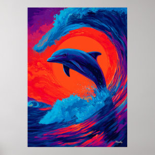 Poster Œuvre d'art murale expressionniste dauphin vague c
