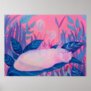 Poster Œuvre d'art murale fantaisiste Chat Chenille Rose