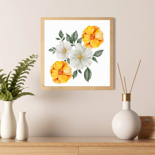 Poster Œuvre d'art murale florale jaune blanc