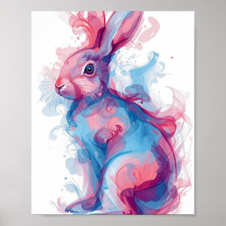 Poster Œuvre d'art murale lapin coloré – Bleu et rose