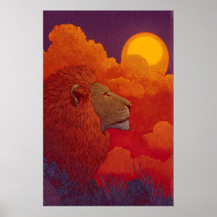 Poster Œuvre d'art murale Lion Sunset Fiery Mane, Soleil