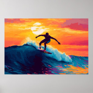Poster Œuvre d'art pop art surfant sur le coucher de sole