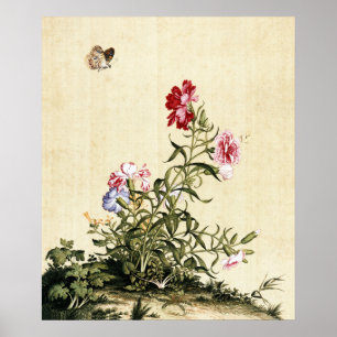 Poster Oeuvre d'art vintage de chinoiserie avec oeillets 