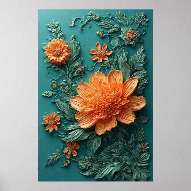 Poster Oeuvre florale élégante avec fleurs orange (Devant)