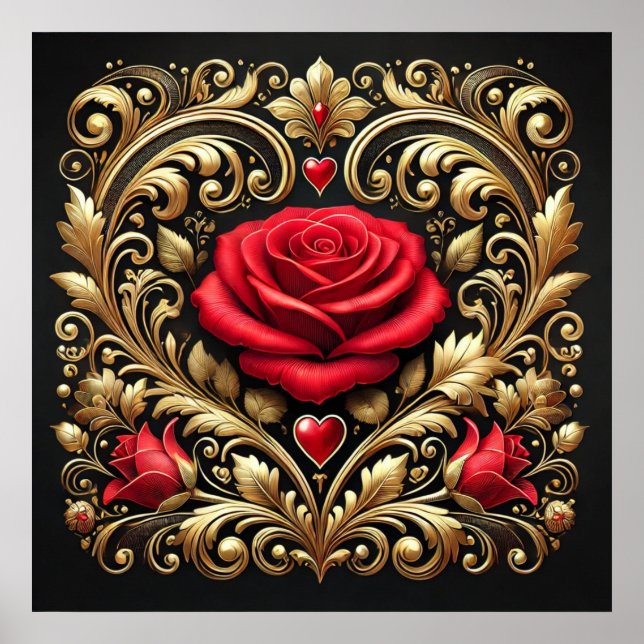 Poster Oeuvre luxueuse Red Rose et Gold Heart (Devant)