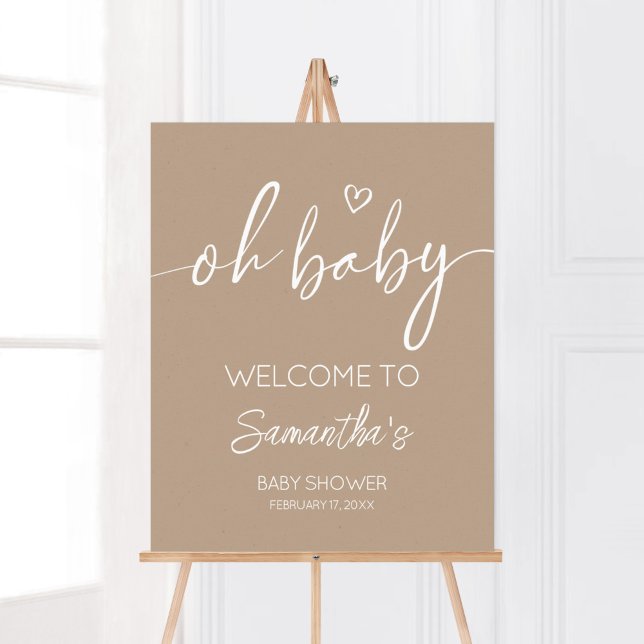 Poster Oh Baby Brown Minimalist Bienvenue (Brown Minimalist Heart Baby Shower Welcome Sign)